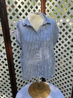 ORVIS Button Up Collared Short Sleeve Linen Blend Striped Shirt Women's Size Med